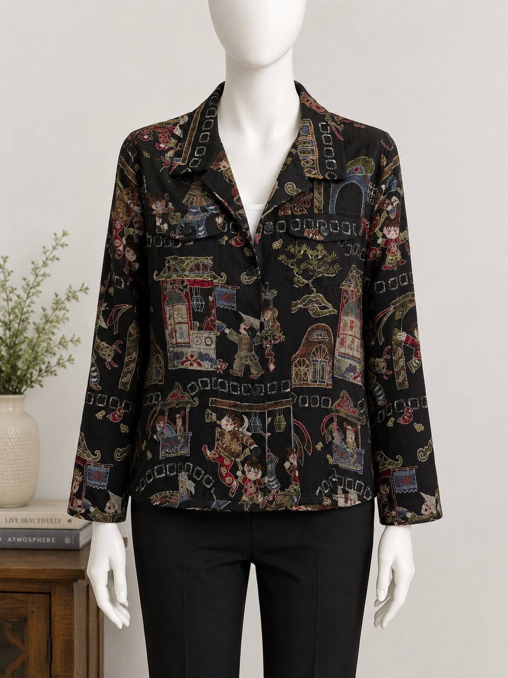 Chico’s Silk Blend Jacket Size 2 Artistic Novelty Print Button Front